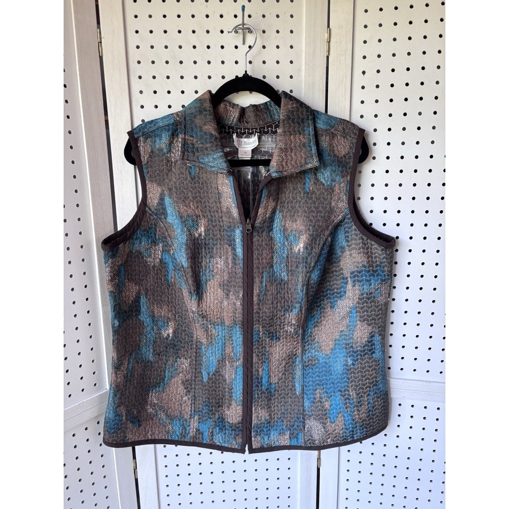 CJ Banks Women's 1X Colorful Cotton Poly Zip Vest Artsy Teal Brown w/Necklace